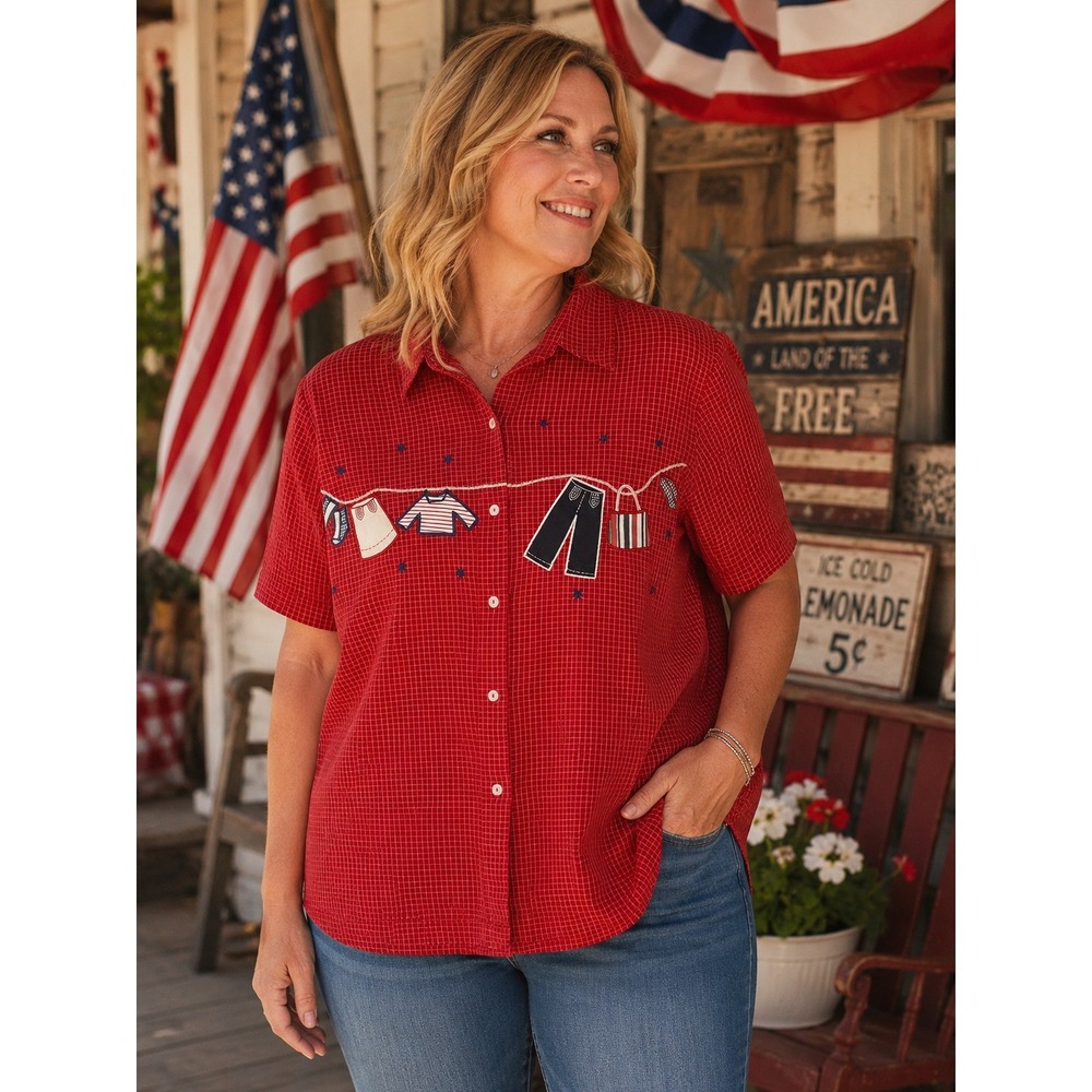 Embroidered Red Americana Cottagecore Clothesline Plus Shirt Patriotic 14W 16W